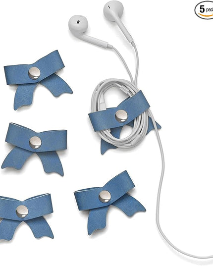 SenseAGE 5 Pack Cord Organizer, Bow Cord Keeper, Cable Organizer USB Holder, Leather Cable Management, Cable Straps, Earphone Winder, Storage Straps for Electronics, Earbuds, Small, Random Blue