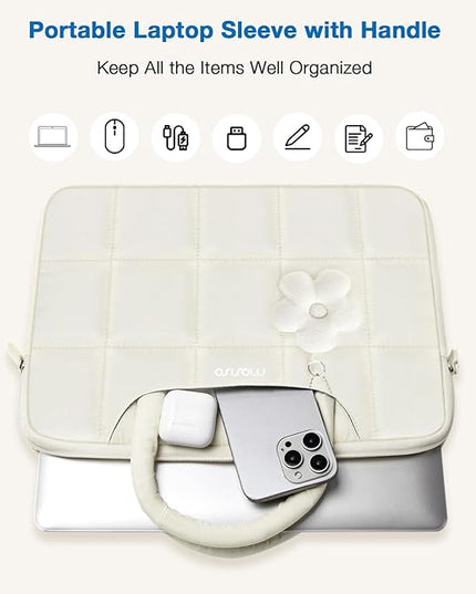 MOSISO Laptop Case 16 inch, 15-15.6 inch Puffy Laptop Sleeve Compatible with MacBook Pro 16 M4 M3 M2 M1, HP Acer Dell Lenovo Notebook, Rectangle Quilted Computer Bag with Handle&Flower Pendant, Sand
