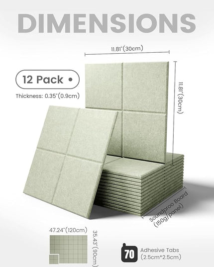 Large Felt Bulletin Board 48" x 36", 12-Pack 4-Compartment Wall Organizer, Cork Board Alternative with 70 Removable Adhesive Tabs, Modular Felt Panels for Home Office, Classroom and Study-Sage