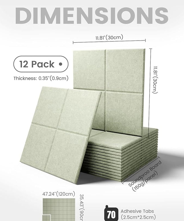Large Felt Bulletin Board 48" x 36", 12-Pack 4-Compartment Wall Organizer, Cork Board Alternative with 70 Removable Adhesive Tabs, Modular Felt Panels for Home Office, Classroom and Study-Sage