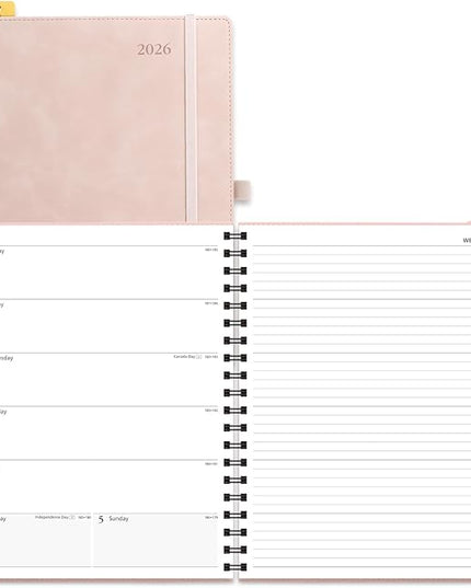 POPRUN 2026 Planner Weekly Notebook Calendar (Jan-Dec), Large Size 8.5'' x 10.5'' - Agenda 2026 Appointment Book with Monthly Tabs, Inner Pocket, Spiral Soft Cover, 100 GSM - Soft Pink