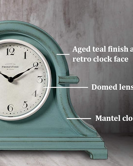 Presentime & Co. Mantel Clock Vintage Farmhouse Series, Napoleon Desk & Shelf Clock, 13 x 10 inch, Domed Lens, Quartz Movement, ABS Plastic Case, Aged Teal Finish (Home/Tabletop Decoration)