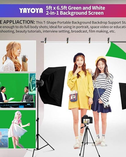 2-in-1 White Backdrop Green Screen Backdrop Stand Kit, 5x6.5 ft Greenscreen Background with Stand for Streaming, Zoom, Photography, Video with Clips & Carrying Bag