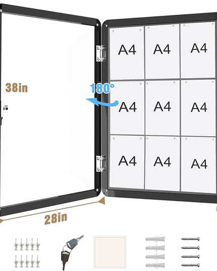 Mifuro 38"x28" Enclosed Bulletin Board, Lockable Weather-Resistant Aluminum Cork Noticeboard for Hospital School & Office, Black Frame w/Grey Flet