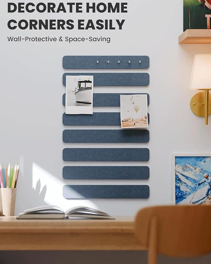 Fluxynara Cork Board Alternative Felt Strip Board 8-Pack 13"x2", Office Pin Board with 50 Push Pins, Adhesive Install for Bedroom Door & Home Office(Denim Blue)
