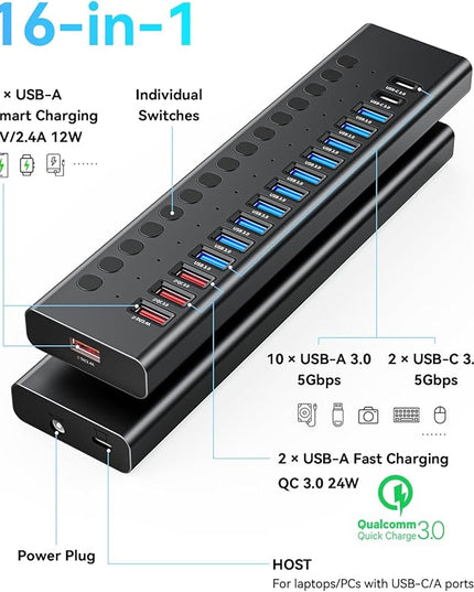 Powered USB 3.0 Hub, 16 Ports USB Hub Splitter(10 USB-A 3.0+2 QC 24W Fast Charging+2 Smart Charging+2 USB-C 3.0 Ports), 12V/8A 96W UL Certified Power Adapter for Laptop, Mac, PC, Computer