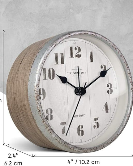 Presentime & Co 4" Farmhouse Tabletop Alarm Mantel Clock, Desk and Shelf Clock, Silent no Ticking, Light Grey Oak and Rusted Galvanized Finish. Tabletop Décor, Home Décor, Farmhouse Décor