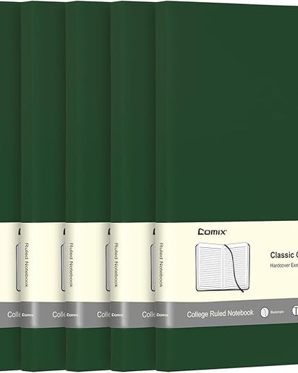 Comix 6 Pack Lined Journal Notebooks for Work, 240 Pages, 5.5"x8.3", Dark Green, Hardcover, A5 Medium College Ruled, Journaling Notebooks for Notes-taking, Fits for Office School Home
