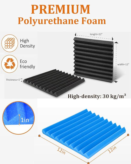 Sound Proof Foam Panels for Wall 48 Pack Acoustic Panels Sound Absorbing 1" X 12" X 12" Fire-Proofed Soundproofing Foam High Density Sound Dampening Panels for Room Studio Blue Black
