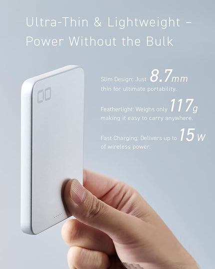 CIO Qi2 Magsafe Charger, 5000mAh Ultra-Slim Magnetic Wireless Charger iPhone, Magsafe Battery Pack, 15W Wireless + 20W USB-C PD iPhone Magnetic Fast SMARTCOBY Slim 5K (Silver, Safety Model)