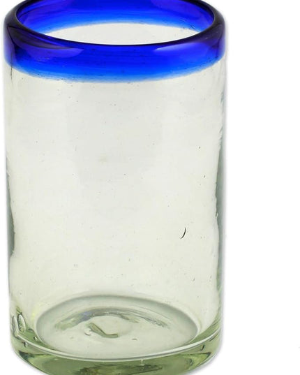 NOVICA Artisan Crafted Hand Blown Clear Blue Rim Recycled Glass Juice Glasses, 4.3In H X 2.6In Diam. 8 Oz. 'Cobalt' (Set Of 6)