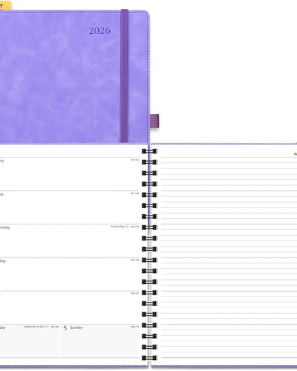 POPRUN 2026 Planner Weekly Notebook Calendar (Jan-Dec), Large Size 8.5'' x 10.5'' - Agenda 2026 Appointment Book with Monthly Tabs, Inner Pocket, Spiral Soft Cover, 100 GSM - Lilac