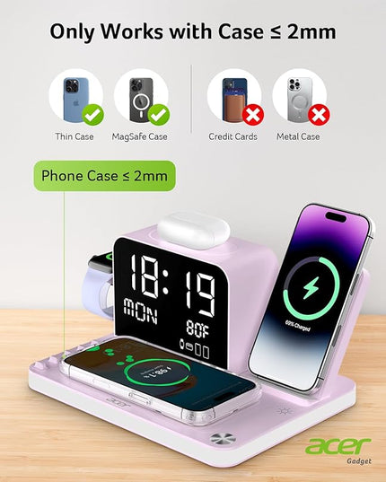 Acer 7-in-1 Wireless Charging Station with LED Clock - 30W Fast Wireless Charger for iPhone 16/15/14/13/12/Pro Max, Apple Watch, AirPods - Bluetooth Auto Time Sync & Night Lights (Purple)