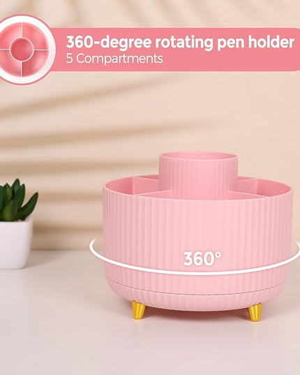 SKYDUE Pink Desk Accessories 10Pcs, Rotating Pen Holder for Desk, Stapler, Staple Remover, Tape Dispenser,2pcs Tape Refills, Binder Paper Clips Kit, Scissor,Pink Office School Supplies