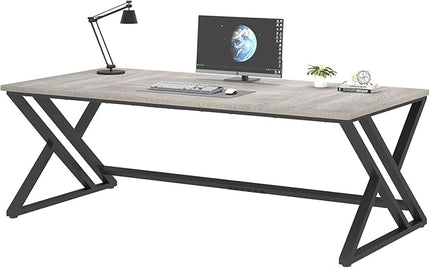 LVB Modern Long Office Desk, Large Wood Metal Computer Desk, Industrial Double Workstation Desk for Two People, Rustic PC Executive Work Study Writing Computer Table for Home, Light Grey Oak, 78.7 in