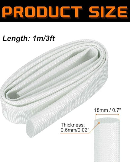 MECCANIXITY 3ft Braided Cable Sleeve, 0.7" ID 200C High Temperature 1500V Fiberglass Wire Insulation Cord Protector Organizer Wires Management for Motor Engine Fuel Line, White