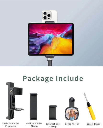 Metal Dual Device Tablet & Phone Holder Tripod Mount Adapter Set for Live Streaming and Teleprompter - Compatible with Tripods, Monopods, Selfie Sticks, Heads, Gimbals and Stabilizers