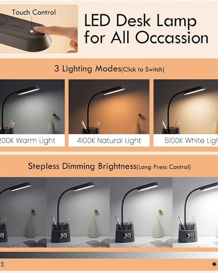 WILIT LED Desk Lamp for College Dorm Room Essentials, Students Study Lamp with Charging Station, Pen Holder, Clock & RGB Night Light, Office Desk Accessories, Table Lamp for Bedroom - Gray