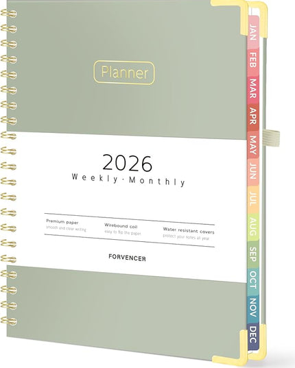 Forvencer 2026 Planner, Hardcover Calendar Planner Weekly and Monthly, Jan 2026 - Dec 2026, 8.5" x 11", Spiral Agenda Book with Tabs, Exquisite Daily Journal Organizer for Home School, Olive Green
