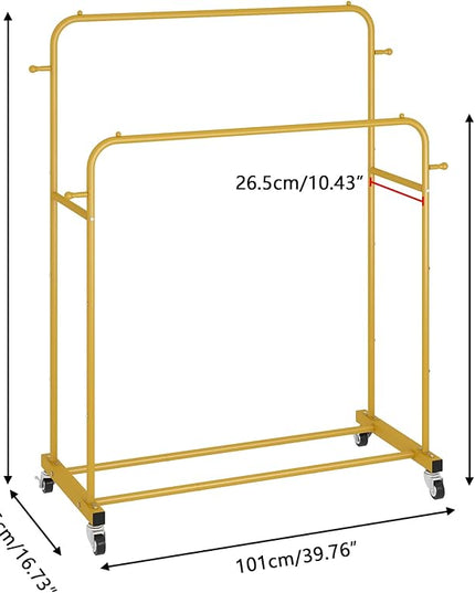 Laiensia Double Rods Garment Rack with Wheels, Clothing Rack for Hanging Clothes,4 Hooks, Multi-functional Bedroom Clothes Rack, Gold