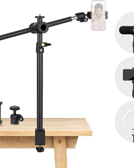 Overhead Camera Mount Desk Stand, Camera Arm Desk Mount Clamp Stand with 360°Adjustable Magic Arm, Webcam Arm Mount Stand w Ballhead Phone Mount for Desk Logitech Microphone Video Light Cell Phone