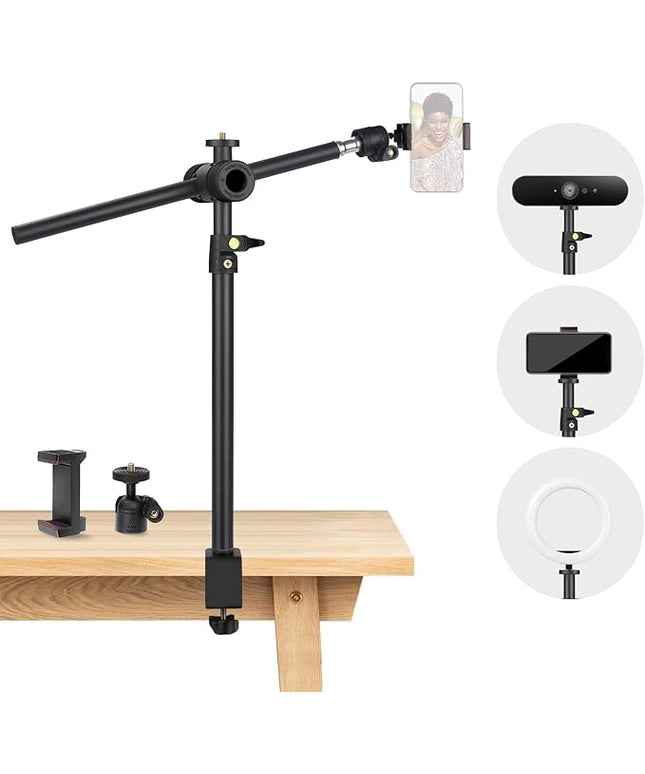 Overhead Camera Mount Desk Stand, Camera Arm Desk Mount Clamp Stand with 360°Adjustable Magic Arm, Webcam Arm Mount Stand w Ballhead Phone Mount for Desk Logitech Microphone Video Light Cell Phone