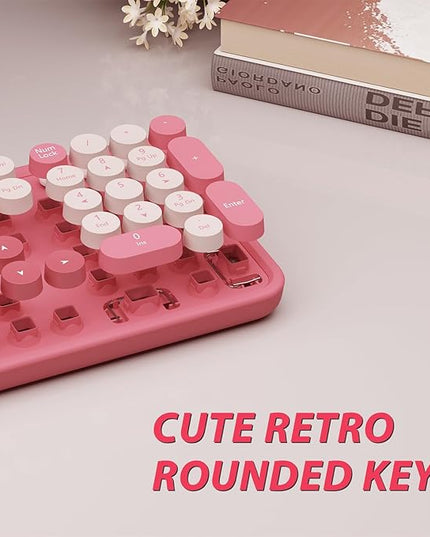 Wireless Keyboard,KOOTOP Cute Colorful 104 Keys Typewriter Retro Round Keycaps Keyboard for PC Laptop,Desktop,Windows, Home and Office Keyboards(Pink)