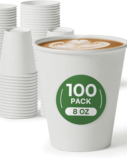 Paper Cups 8 oz White Disposable Coffee Cups,100 Pack BPA Free Leak Proof Hot Cups, 300GSM Thickened Disposable Cups, Unbleached Small Drink Cups for Everyday Use Office Party Cafe Supply Essentials