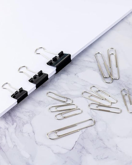 FUDAO FAMILY Paper Clips & Binder Clips, 340 PCS Assorted Sizes, Silver & Black, Metal, Medium, Large, Small