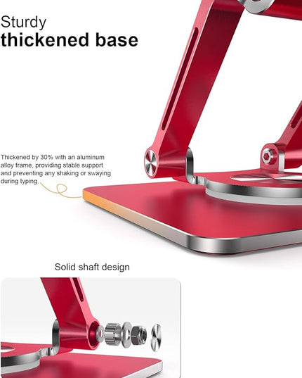 Tablet Stand Holder with Thickened 360°Rotating Base Dual Rod Adjustable Aluminum Stand for All 5.8-12.9” iPad Samsung Phone Tablet Kindle E-Reader and More, Red