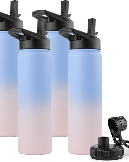 DOMICARE Insulated Water Bottle, 22 oz Vacuum Insulated Stainless Steel Reusable Sports Bottle with Straw Lid & Spout Lid for Travel, Camping, Bike, Leakproof, Blue/Pink, 4 Pack