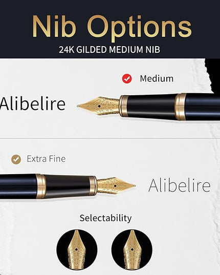 HDDNB Blue Luxury Fountain Pen Set for Men and Women with Gift Box, 24K Gold Finish and Gilded Nib(Medium) with 5 Black Ink Cartridges and Converter