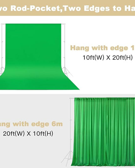 10X20ft Large Green Screen Backdrop for Photography, LCUIRC Two Rod Pocket Chromakey Collapsible Green Polyester Curtain with 4 Clamps for Photography, Zoom Meeting and Game Live Steaming