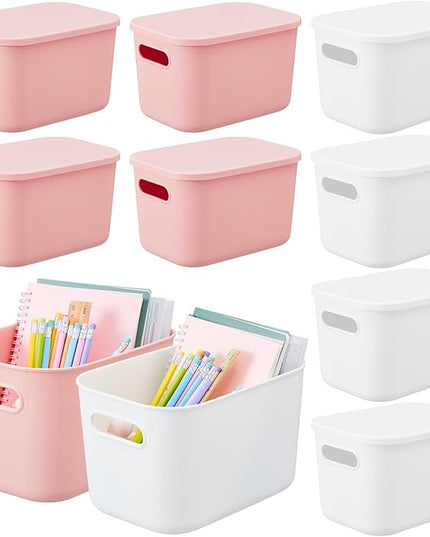 Hoolerry 8 Pieces Colorful Storage Bins with Lid, Plastic Storage Basket Organizing Container Stackable Box with Handle for Shelves Desktop Playroom Office(14.2 x 10.2 x 9.5 Inch,White and Pink)