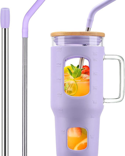 32 oz Glass Tumbler with Straw and Lid, Glass Water Bottles with Time Marker, Silicone Protective Sleeve - Purple
