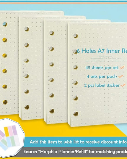 A7 Planner Refill,4 Pcs per Set, Dot Mattrix Paper, with Label Stickers Gift,Mini Binder Refills for 6 Ring Mini Planners,6 hole/100gsm Thick Paper/4.84 x 3.23'', Harphia