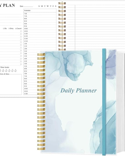 Daily Planner Undated - 8.5" x 11" To Do List Notebook Hourly Schedules, 150 Sheets/300 Pages Spiral Appointment Planner for Women and Men ,PVC Hardcover, Inner Pocket, Elastic Closure, Blue