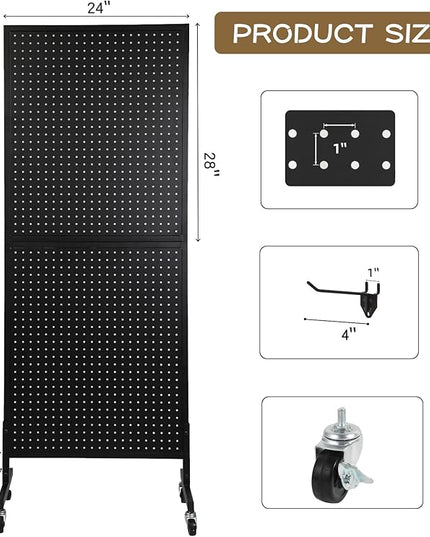Eastern Tree Metal Pegboard Display Stand 2'x 5'with 30 Hooks, Pegboard Panels Display with Wheels, Peg Board Display Rack, Standing Pegboard Display- Black