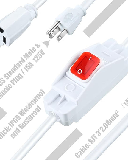 Weewooday 3 Prong Outdoor Extension Cord with Waterproof Switch 1875W Heavy Duty 14/3 SJT Cable Inline On/Off 15A 125V Grounded Outlets Plugs for Appliances (White, 1.5 ft), (HU-XI-81)