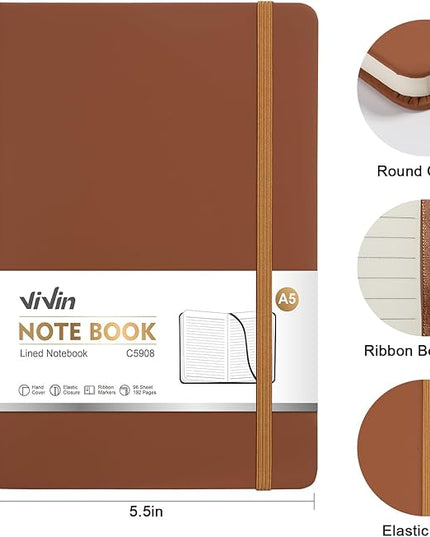 ViVin Lined Journal Notebooks for Work, 192 Pages, Medium 5.5 x 8.3 inch, College Ruled, A5 Hardcover Journaling Notebooks for Writing, 8 Pack Bulk,Brown