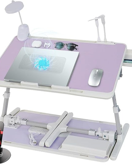 iXTRA Laptop Lap Desk Include Cooling Fan,Adjustable Lap Desk with Light Fan,Folding Laptop Desk for Bed with USB,Bed Desk with Storage Drawer 56x32cm,Purple
