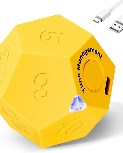 Yellow Pomodoro Timer - 11 Preset Productivity Cube, Ring/Vibrate Mode, Rechargeable, Perfect for Cooking, Learning, Exercise and Beauty