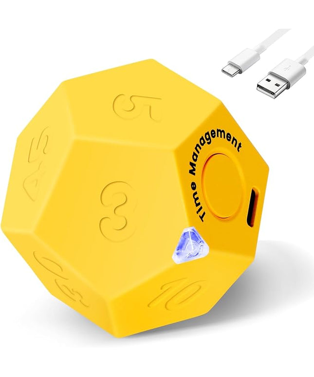 Yellow Pomodoro Timer - 11 Preset Productivity Cube, Ring/Vibrate Mode, Rechargeable, Perfect for Cooking, Learning, Exercise and Beauty