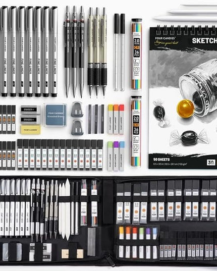 Four Candies 73PCS Advanced Art Supplies Drawing Kit with Fineliner Pens, Mechanical Pencils, 3-Color Sketchbook, Charcoal Sticks,Pastels for Sketching Drawing Comics Gifts for Professionals Artists