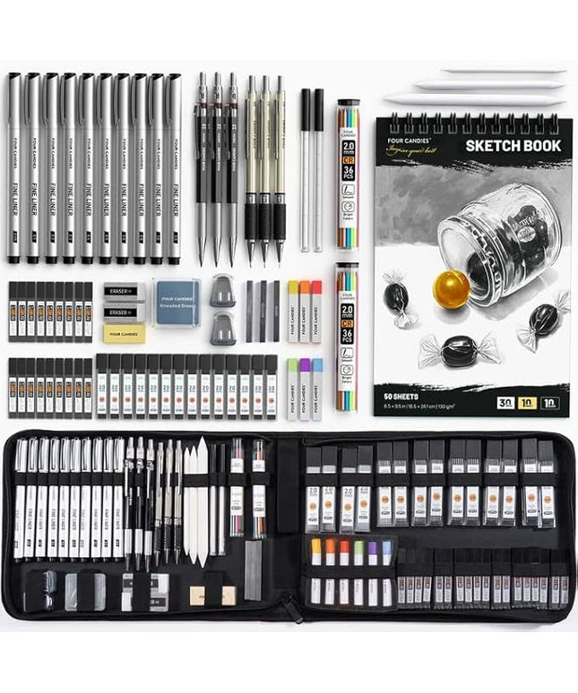 Four Candies 73PCS Advanced Art Supplies Drawing Kit with Fineliner Pens, Mechanical Pencils, 3-Color Sketchbook, Charcoal Sticks,Pastels for Sketching Drawing Comics Gifts for Professionals Artists