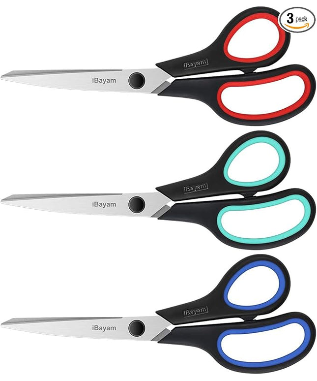 3-Pack 8" Heavy Duty Scissors with Ultra Sharp Blades and Comfort Grip Handles - For Office, Home, School, Sewing, and Crafts