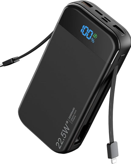 Portable Charger Power Bank Built-in Cables, 32000mAh 22.5W USB C Fast Charging, 5 Outputs 3 Inputs Travel Essentials Battery Pack Compatible with iPhone, iPad, Samsung, Google Pixel, Black