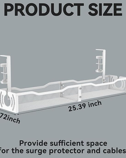 Cable Management, 25.3'' Under Desk Cable Management Tray No Drill, Metal Cable Organizer with Clamp for Wire Management, Cord Organizer for Home Office, Desk Accessories Organizer, White