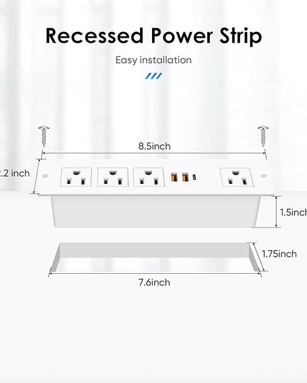 VILONG Recessed Power Strip with PD 20W USB-C, Flush Mounted Drawer Outlet, 4 Outlets & 3 USB Ports, Conference Desktop Built in Power Strip, 6.5FT Extension Cord(White)