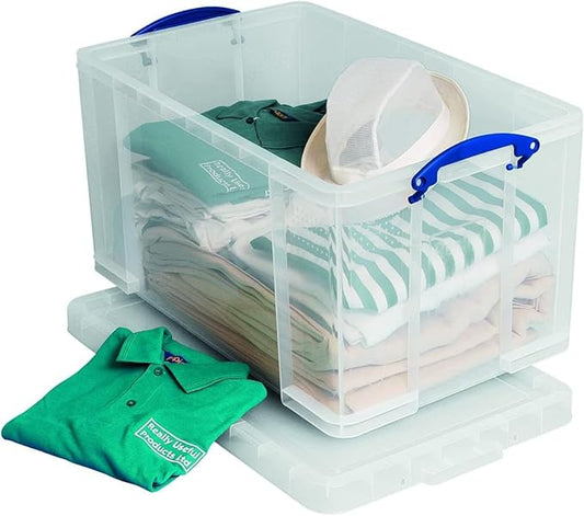 Really Useful Box 84 Liter Plastic Stackable Storage Container with Snap Lid & Built-In Clip Lock Handles for Home or Office Organization, Clear